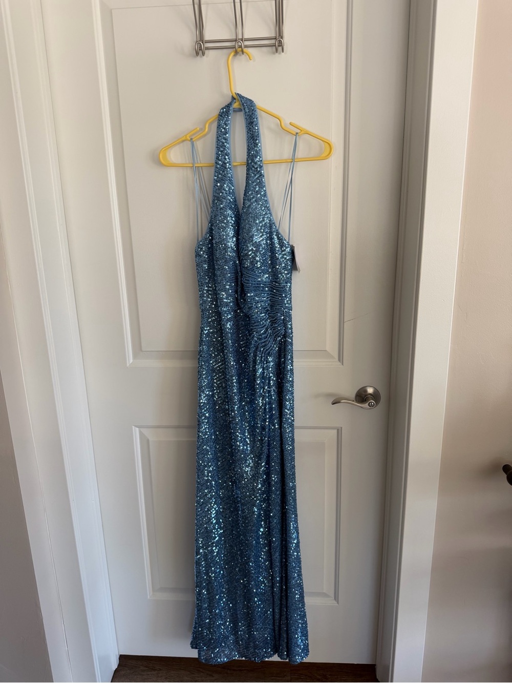 Morgan & Co. Sequined Halter-Back Blue Evening Dress